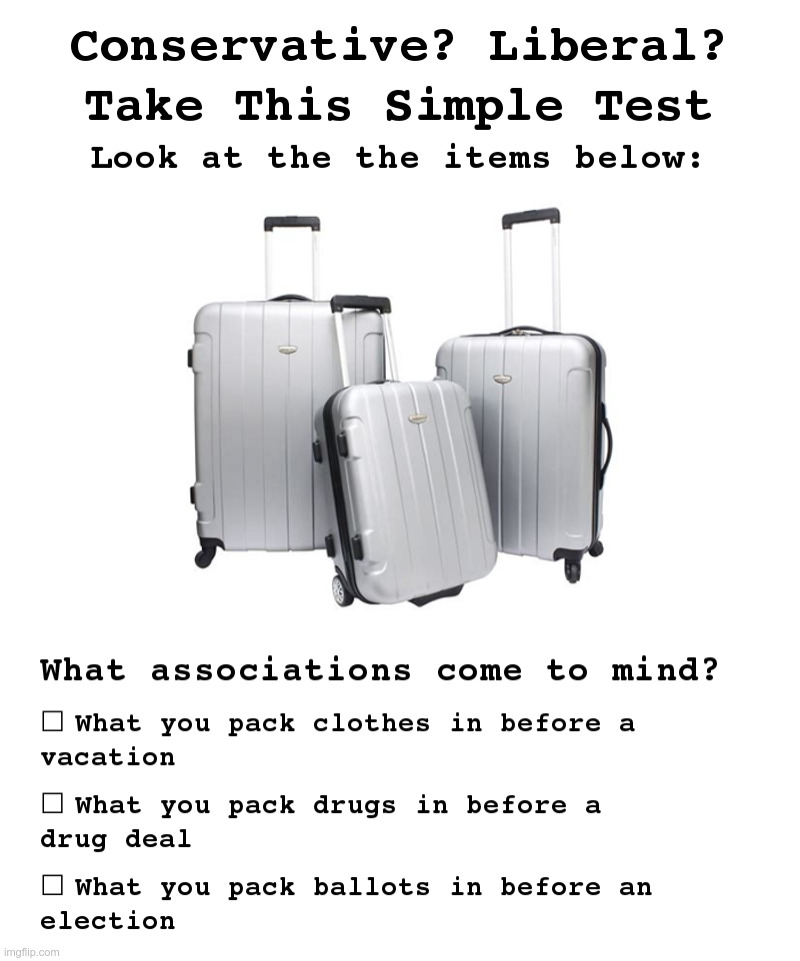 Conservative? Liberal? Take This Simple Test | image tagged in joe biden,democrats,georgia,suitcase,voter fraud,2020 elections | made w/ Imgflip meme maker