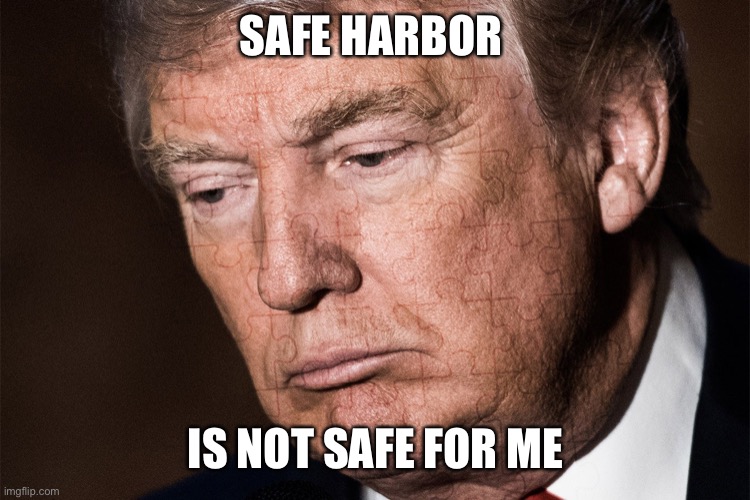 Safe Harbor keeps us safe from despots like Trump | SAFE HARBOR; IS NOT SAFE FOR ME | image tagged in trump sad,memes | made w/ Imgflip meme maker