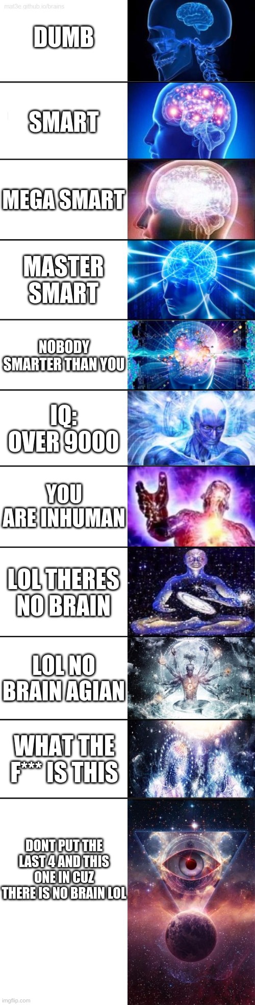 how smart you are (the 1st one is not you) | DUMB; SMART; MEGA SMART; MASTER SMART; NOBODY SMARTER THAN YOU; IQ: OVER 9000; YOU ARE INHUMAN; LOL THERES NO BRAIN; LOL NO BRAIN AGIAN; WHAT THE F*** IS THIS; DONT PUT THE LAST 4 AND THIS ONE IN CUZ THERE IS NO BRAIN LOL | image tagged in expanding brain full template | made w/ Imgflip meme maker