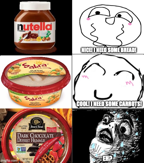 The ultimate combination of spread. | NICE! I NEED SOME BREAD! COOL! I NEED SOME CARROTS! EH? | image tagged in 6 panel,nutella,gasp rage face,snacks,rage comics,lesquee | made w/ Imgflip meme maker