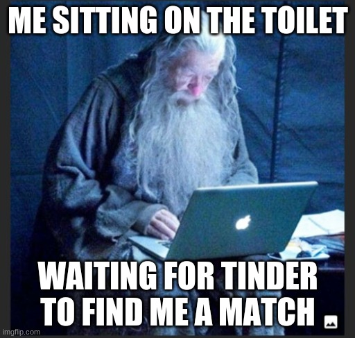 I will never find a lover | ME SITTING ON THE TOILET; WAITING FOR TINDER TO FIND ME A MATCH | image tagged in gandalf on the internet | made w/ Imgflip meme maker
