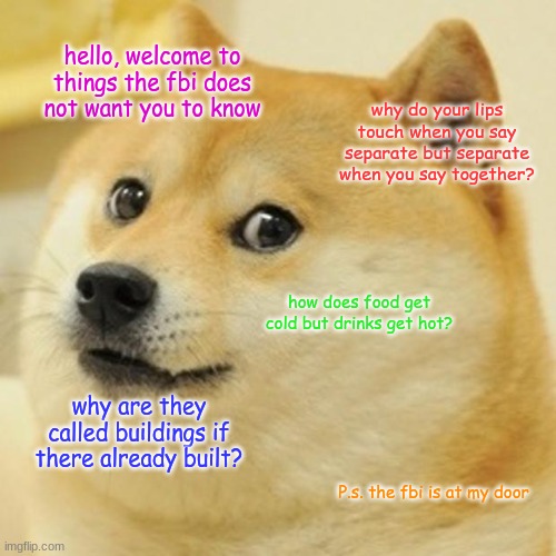 FBI OPEN UP | hello, welcome to things the fbi does not want you to know; why do your lips touch when you say separate but separate when you say together? how does food get cold but drinks get hot? why are they called buildings if there already built? P.s. the fbi is at my door | image tagged in memes,doge | made w/ Imgflip meme maker