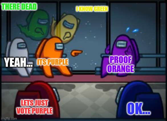 Voting be like | THERE DEAD; I KNOW GREEN; YEAH... ITS PURPLE; PROOF ORANGE; LETS JUST VOTE PURPLE; OK... | image tagged in among us blame | made w/ Imgflip meme maker