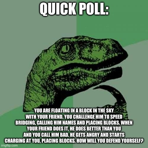 Hey shitass, wanna see me answer this question? | QUICK POLL:; YOU ARE FLOATING IN A BLOCK IN THE SKY WITH YOUR FRIEND. YOU CHALLENGE HIM TO SPEED BRIDGING, CALLING HIM NAMES AND PLACING BLOCKS. WHEN YOUR FRIEND DOES IT, HE DOES BETTER THAN YOU AND YOU CALL HIM BAD. HE GETS ANGRY AND STARTS CHARGING AT YOU, PLACING BLOCKS. HOW WILL YOU DEFEND YOURSELF? | image tagged in memes,philosoraptor,polls | made w/ Imgflip meme maker