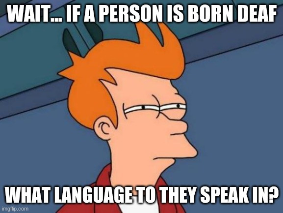I dunno, my guy | WAIT... IF A PERSON IS BORN DEAF; WHAT LANGUAGE TO THEY SPEAK IN? | image tagged in memes,futurama fry | made w/ Imgflip meme maker
