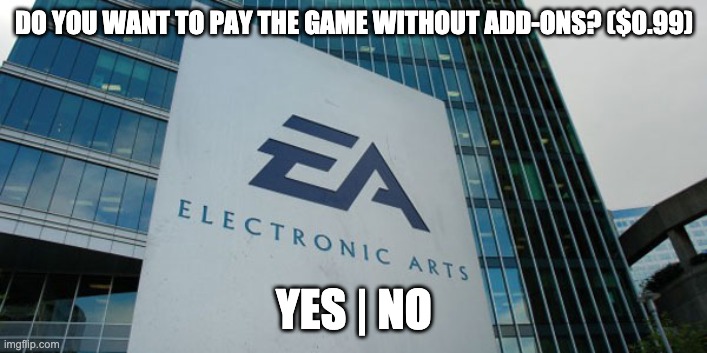 Confused Electronic Arts | DO YOU WANT TO PAY THE GAME WITHOUT ADD-ONS? ($0.99) YES | NO | image tagged in confused electronic arts | made w/ Imgflip meme maker