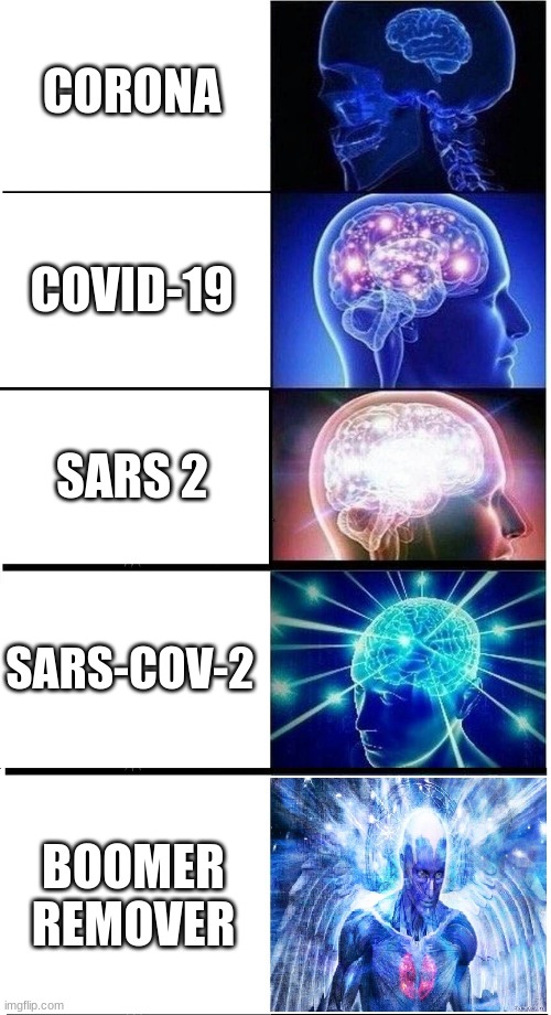 corona |  CORONA; COVID-19; SARS 2; SARS-COV-2; BOOMER REMOVER | image tagged in expanding brain 5-part | made w/ Imgflip meme maker