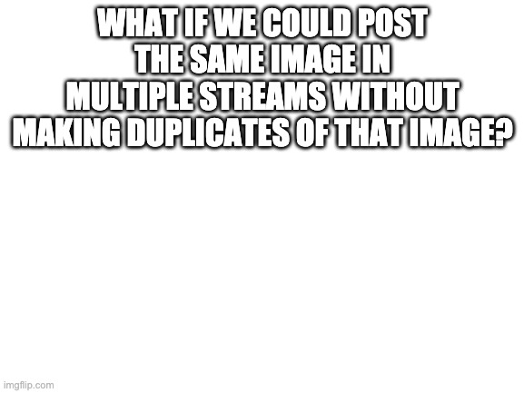 Blank White Template | WHAT IF WE COULD POST THE SAME IMAGE IN MULTIPLE STREAMS WITHOUT MAKING DUPLICATES OF THAT IMAGE? | image tagged in blank white template | made w/ Imgflip meme maker