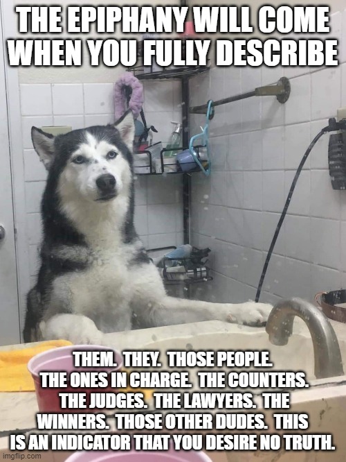 Epiphany dog | THE EPIPHANY WILL COME WHEN YOU FULLY DESCRIBE THEM.  THEY.  THOSE PEOPLE.  THE ONES IN CHARGE.  THE COUNTERS.  THE JUDGES.  THE LAWYERS.  T | image tagged in epiphany dog | made w/ Imgflip meme maker
