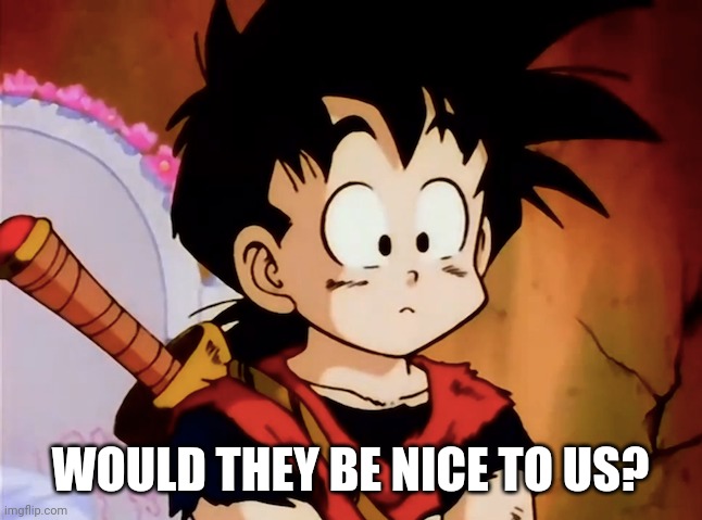 Unsured Gohan (DBZ) | WOULD THEY BE NICE TO US? | image tagged in unsured gohan dbz | made w/ Imgflip meme maker