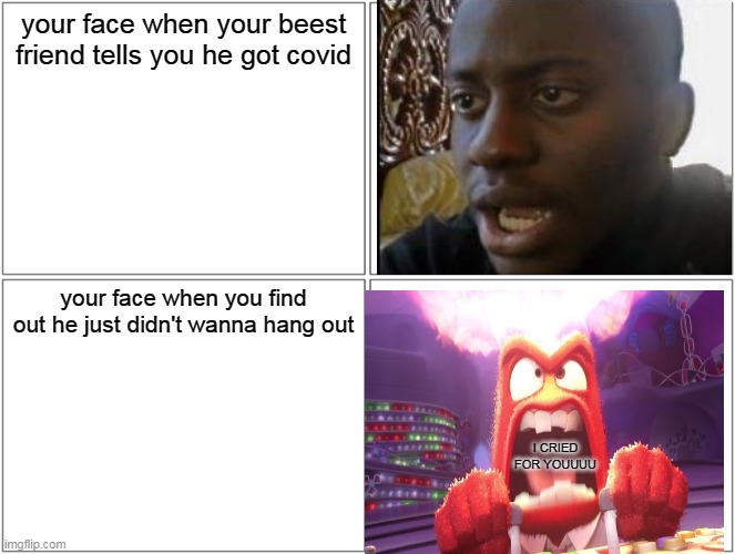 NO it dIdn't haPpen To mE | your face when your beest friend tells you he got covid; your face when you find out he just didn't wanna hang out; I CRIED FOR YOUUUU | image tagged in memes,blank comic panel 2x2 | made w/ Imgflip meme maker