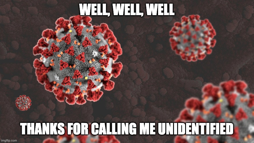 Coronavirus | WELL, WELL, WELL THANKS FOR CALLING ME UNIDENTIFIED | image tagged in coronavirus | made w/ Imgflip meme maker