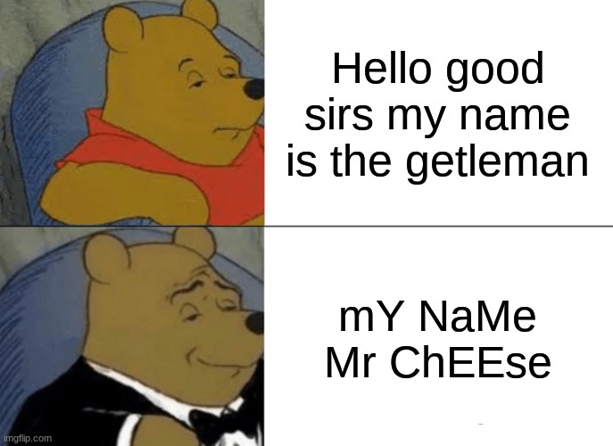 mY NaMe Mr ChEESE | Hello good sirs my name is the getleman; mY NaMe Mr ChEEse | image tagged in memes,tuxedo winnie the pooh | made w/ Imgflip meme maker