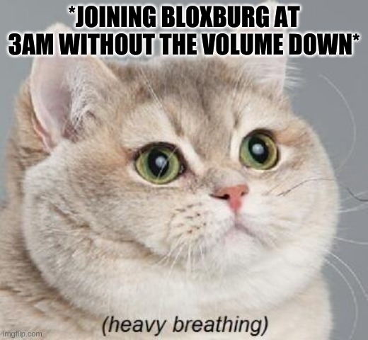 roblox | *JOINING BLOXBURG AT 3AM WITHOUT THE VOLUME DOWN* | image tagged in memes,heavy breathing cat,roblox | made w/ Imgflip meme maker