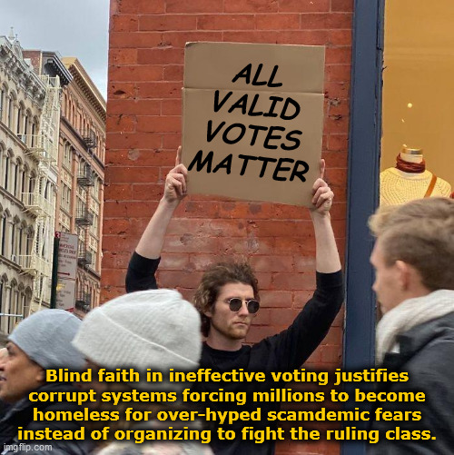 All valid votes matter... | ALL
VALID
VOTES
MATTER; Blind faith in ineffective voting justifies
corrupt systems forcing millions to become
homeless for over-hyped scamdemic fears
 instead of organizing to fight the ruling class. | image tagged in memes,guy holding cardboard sign,scamdemic,lockdown skepticism,government corruption,propaganda | made w/ Imgflip meme maker