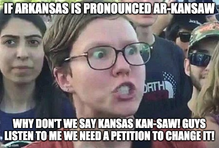 Triggered Liberal | IF ARKANSAS IS PRONOUNCED AR-KANSAW WHY DON'T WE SAY KANSAS KAN-SAW! GUYS LISTEN TO ME WE NEED A PETITION TO CHANGE IT! | image tagged in triggered liberal | made w/ Imgflip meme maker