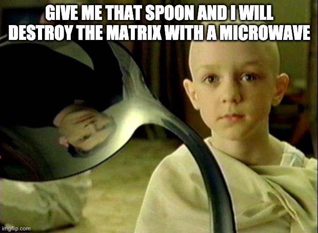 Spoon matrix | GIVE ME THAT SPOON AND I WILL DESTROY THE MATRIX WITH A MICROWAVE | image tagged in spoon matrix | made w/ Imgflip meme maker