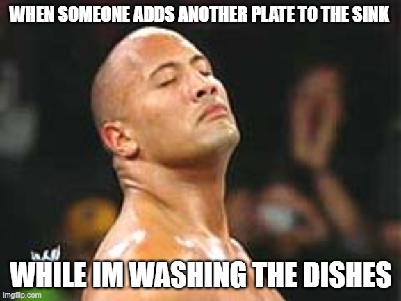 haha | WHEN SOMEONE ADDS ANOTHER PLATE TO THE SINK; WHILE IM WASHING THE DISHES | image tagged in the rock smelling | made w/ Imgflip meme maker