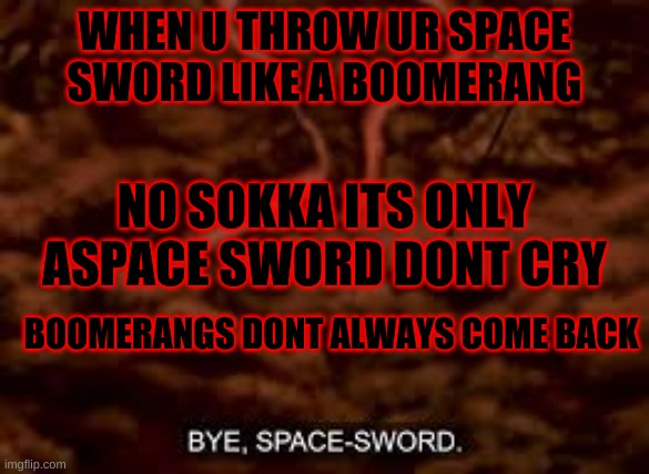 sokka losing space sword | WHEN U THROW UR SPACE SWORD LIKE A BOOMERANG; NO SOKKA ITS ONLY ASPACE SWORD DONT CRY; BOOMERANGS DONT ALWAYS COME BACK | image tagged in sokka losing space sword | made w/ Imgflip meme maker