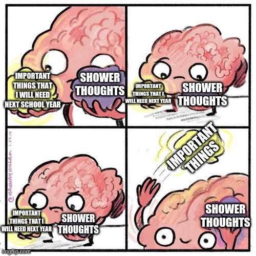 Brain Throws Away Useless Info | IMPORTANT THINGS THAT I WILL NEED NEXT SCHOOL YEAR SHOWER THOUGHTS IMPORTANT THINGS THAT I WILL NEED NEXT YEAR SHOWER THOUGHTS IMPORTANT THI | image tagged in brain throws away useless info | made w/ Imgflip meme maker