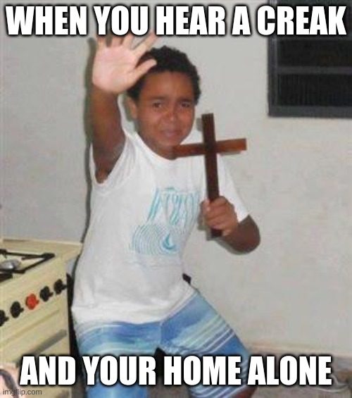 home alone | WHEN YOU HEAR A CREAK; AND YOUR HOME ALONE | image tagged in scared kid | made w/ Imgflip meme maker