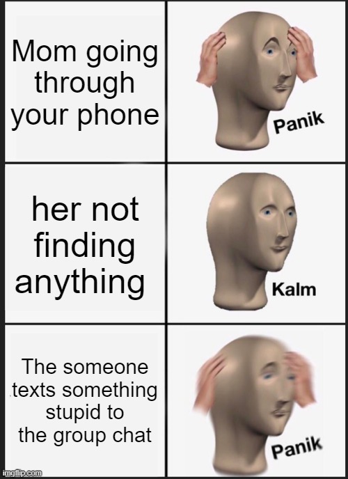 Panik Kalm Panik Meme | Mom going through your phone; her not finding anything; The someone texts something stupid to the group chat | image tagged in memes,panik kalm panik | made w/ Imgflip meme maker