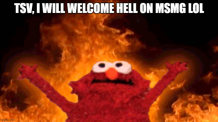 answering to your disaprovals be like- | TSV, I WILL WELCOME HELL ON MSMG LOL | image tagged in elmo fire | made w/ Imgflip meme maker