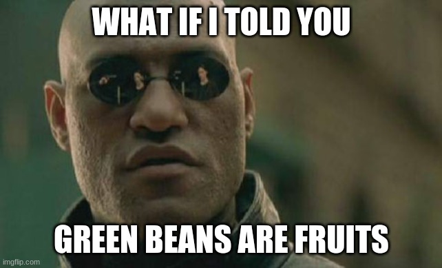 Daily Meme #3 | WHAT IF I TOLD YOU; GREEN BEANS ARE FRUITS | image tagged in memes,matrix morpheus | made w/ Imgflip meme maker
