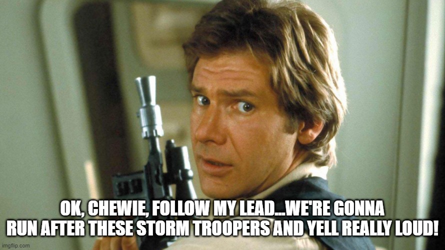 Han Gives Direction | OK, CHEWIE, FOLLOW MY LEAD...WE'RE GONNA RUN AFTER THESE STORM TROOPERS AND YELL REALLY LOUD! | image tagged in han solo | made w/ Imgflip meme maker