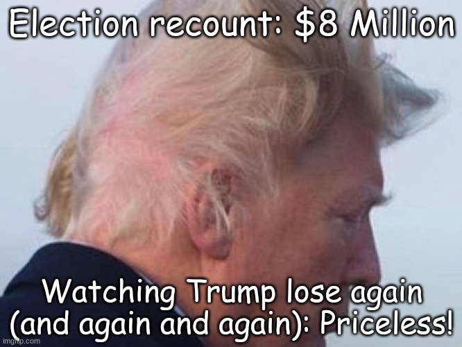 Priceless | Election recount: $8 Million; Watching Trump lose again (and again and again): Priceless! | image tagged in trump,election,2020,loser | made w/ Imgflip meme maker
