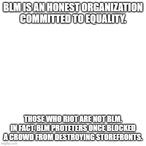 Something that Imgflip is too scared to admit | BLM IS AN HONEST ORGANIZATION COMMITTED TO EQUALITY. THOSE WHO RIOT ARE NOT BLM. IN FACT, BLM PROTETERS ONCE BLOCKED A CROWD FROM DESTROYING STOREFRONTS. | image tagged in memes,blank transparent square,blm,imgflip,riots | made w/ Imgflip meme maker