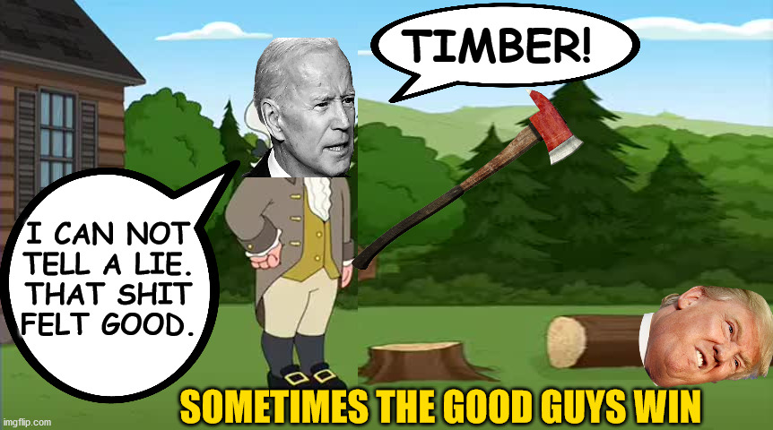 TIMBER! FTW... "Sometimes the good guys win" | TIMBER! I CAN NOT
TELL A LIE.
THAT SHIT
FELT GOOD. SOMETIMES THE GOOD GUYS WIN | image tagged in biden wins trump,timber,george washington biden,washington cherry tree biden | made w/ Imgflip meme maker