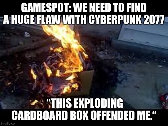 The Best Review Ever Part 2 | GAMESPOT: WE NEED TO FIND A HUGE FLAW WITH CYBERPUNK 2077; “THIS EXPLODING CARDBOARD BOX OFFENDED ME.“ | image tagged in exploding cardboard box | made w/ Imgflip meme maker