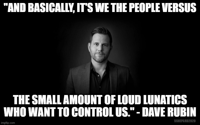 The Loud Lunatics That Want To Control Us | "AND BASICALLY, IT'S WE THE PEOPLE VERSUS; THE SMALL AMOUNT OF LOUD LUNATICS WHO WANT TO CONTROL US." - DAVE RUBIN; SSHEPARD2020 | image tagged in dave rubin black and white,rubin report,we the people,lunatics,control | made w/ Imgflip meme maker