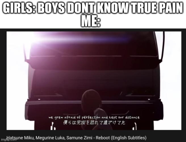 The song is reboot dare you not to cry | GIRLS: BOYS DONT KNOW TRUE PAIN; ME: | image tagged in vocaloid,sad | made w/ Imgflip meme maker