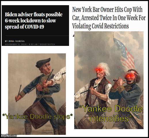 "just doin my job" has never been a valid excuse | *Yankee Doodle intensifies*; *Yankee Doodle stops* | image tagged in kung flu,lockdown,freedom,tyranny,joe biden | made w/ Imgflip meme maker
