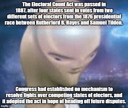 tl;dr safe harbor is smort | The Electoral Count Act was passed in 1887, after four states sent in votes from two different sets of electors from the 1876 presidential r | image tagged in smort,election 2020,2020 elections,election,elections,democracy | made w/ Imgflip meme maker