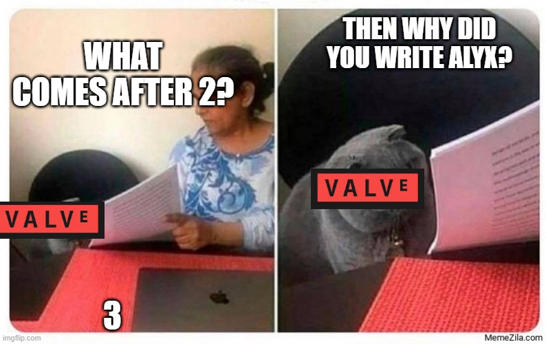 valve be like | THEN WHY DID YOU WRITE ALYX? WHAT COMES AFTER 2? 3 | image tagged in what comes after,valve,half life 3,cat | made w/ Imgflip meme maker