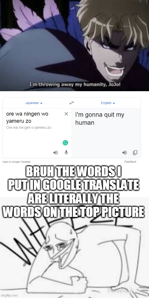 I don't know why but it's really annoying and funny at the same time | BRUH THE WORDS I PUT IN GOOGLE TRANSLATE ARE LITERALLY THE WORDS ON THE TOP PICTURE | image tagged in jojo meme,google translate,certified bruh moment | made w/ Imgflip meme maker