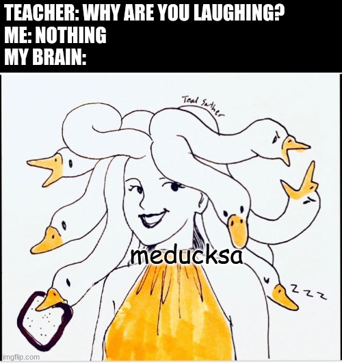 quack quack, this drawing is wack | TEACHER: WHY ARE YOU LAUGHING?
ME: NOTHING
MY BRAIN:; meducksa | image tagged in funny,memes,medusa | made w/ Imgflip meme maker