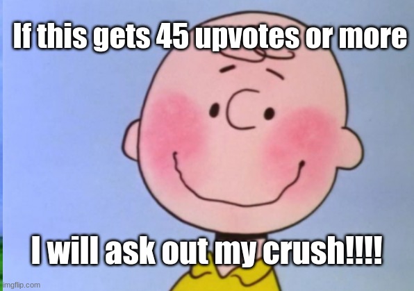 If this gets 45 upvotes or more; I will ask out my crush!!!! | image tagged in upvotes,blushing,crush | made w/ Imgflip meme maker