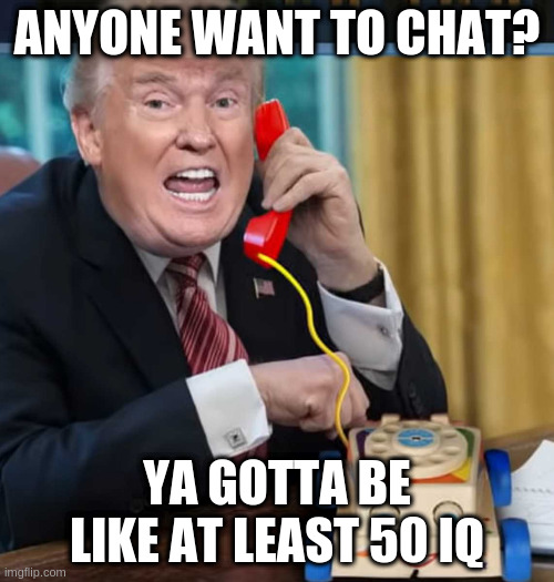 I'm the president | ANYONE WANT TO CHAT? YA GOTTA BE LIKE AT LEAST 50 IQ | image tagged in i'm the president | made w/ Imgflip meme maker