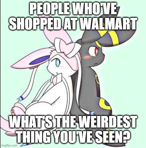 Sylveon and Umbreon | PEOPLE WHO'VE SHOPPED AT WALMART; WHAT'S THE WEIRDEST THING YOU'VE SEEN? | image tagged in sylveon and umbreon | made w/ Imgflip meme maker