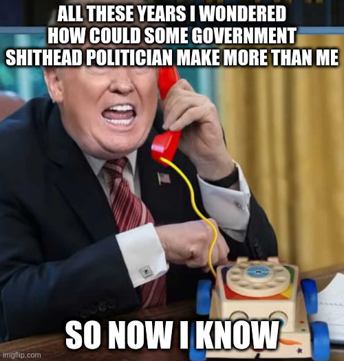 donald learns real fast | ALL THESE YEARS I WONDERED HOW COULD SOME GOVERNMENT SHITHEAD POLITICIAN MAKE MORE THAN ME; SO NOW I KNOW | image tagged in i'm the president,rumpt | made w/ Imgflip meme maker