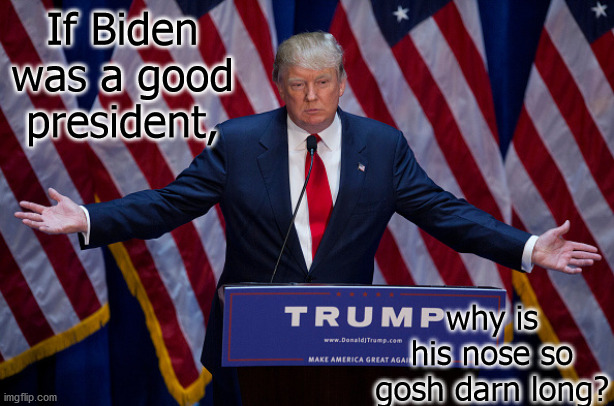 Biden can't say 1 word without it being a lie! | If Biden was a good president, why is his nose so gosh darn long? | image tagged in donald trump | made w/ Imgflip meme maker