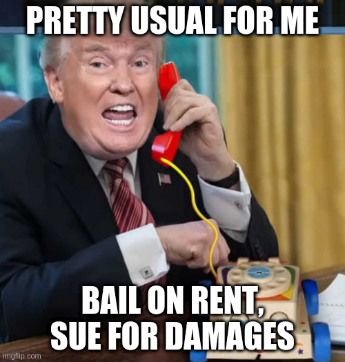 ON HIS WAY OUT | PRETTY USUAL FOR ME; BAIL ON RENT, SUE FOR DAMAGES | image tagged in i'm the president,rumpt | made w/ Imgflip meme maker