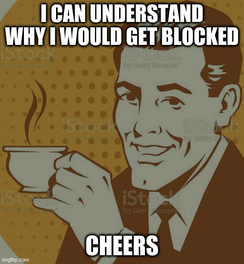 Mug Approval | I CAN UNDERSTAND WHY I WOULD GET BLOCKED; CHEERS | image tagged in mug approval | made w/ Imgflip meme maker