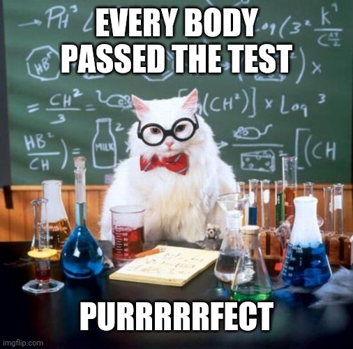 Chemistry Cat | EVERY BODY PASSED THE TEST; PURRRRRFECT | image tagged in memes,chemistry cat | made w/ Imgflip meme maker