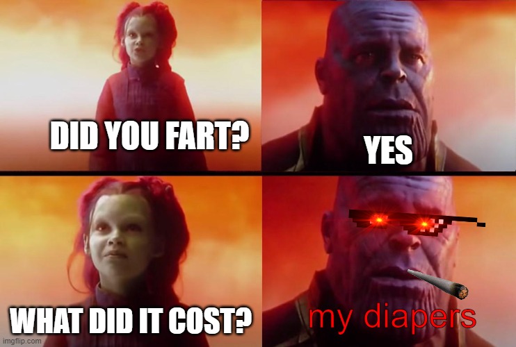 when thanos farts: | DID YOU FART? YES; my diapers; WHAT DID IT COST? | image tagged in thanos what did it cost | made w/ Imgflip meme maker
