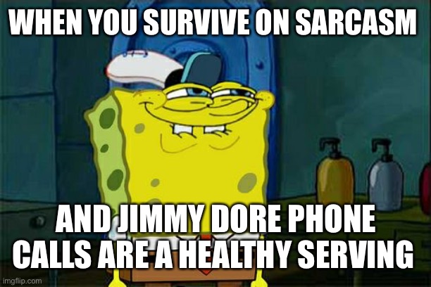 Don't You Squidward Meme | WHEN YOU SURVIVE ON SARCASM; AND JIMMY DORE PHONE CALLS ARE A HEALTHY SERVING | image tagged in memes,don't you squidward | made w/ Imgflip meme maker